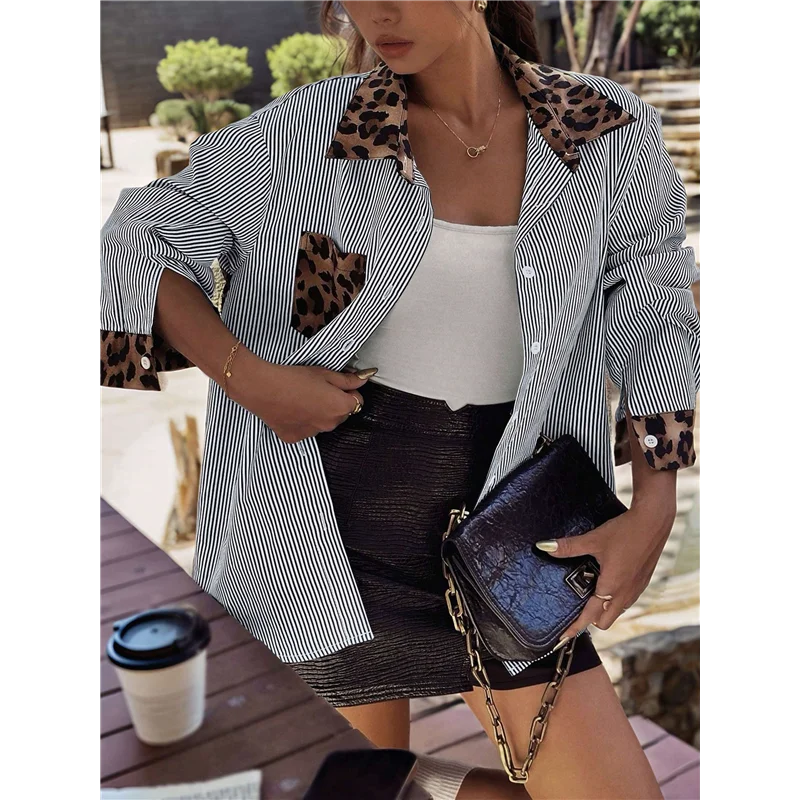 ABRT-レディース ストライプ ヒョウ柄 長袖ブラウス チーター ボタンダウン カラーシャツ