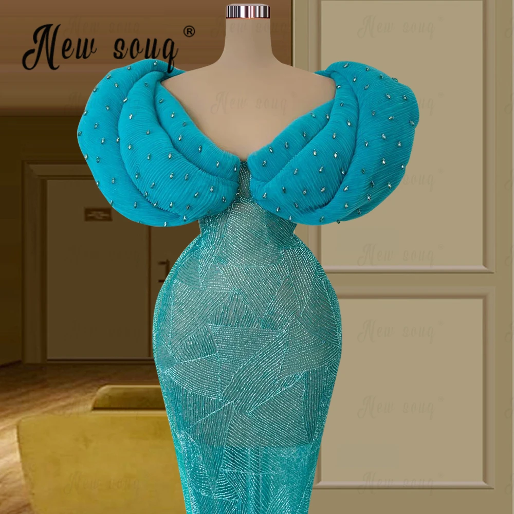 

Arabic Beautiful Blue Party Dress Plus Size Dubai Celebrity Dresses Beaded Mermaid Sheath Gown Formal Prom Dinner Party Dress