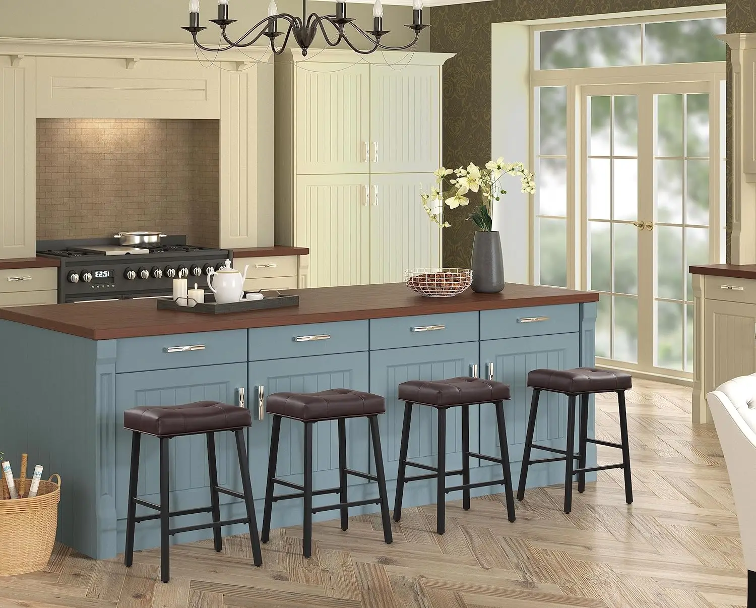 Bar Stools Set of 2, Kitchen Counter Height Saddle Bar Stools with Faux Leather Seat Padding, Breakfast Kitchen Stools