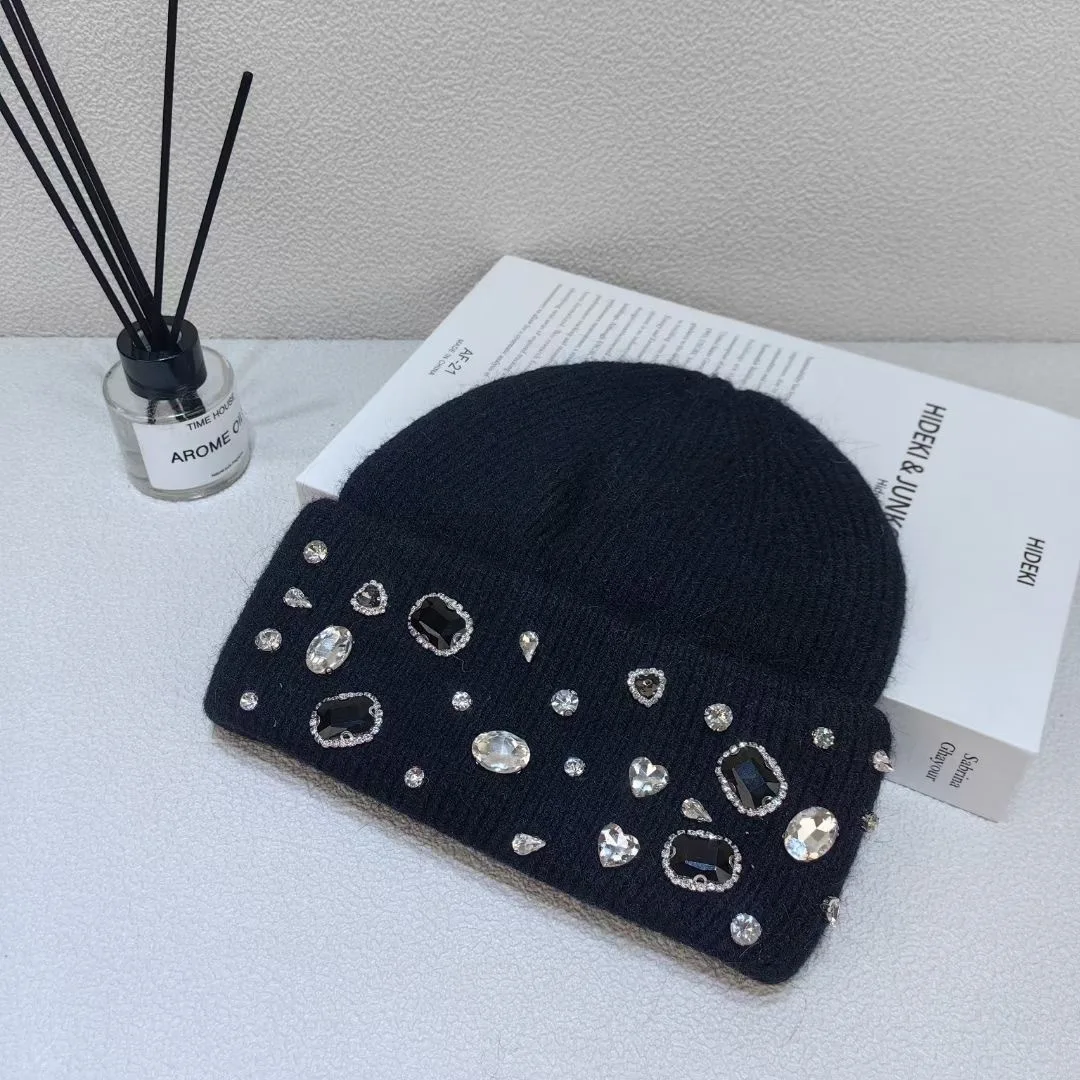 Zimowa damska ciepła gruba czapka typu beanie 7 kolorów moda rhineston solidna codzienna czapka z dzianiny damska wełniana czapka z angory wiatroszczelna wszechstronna