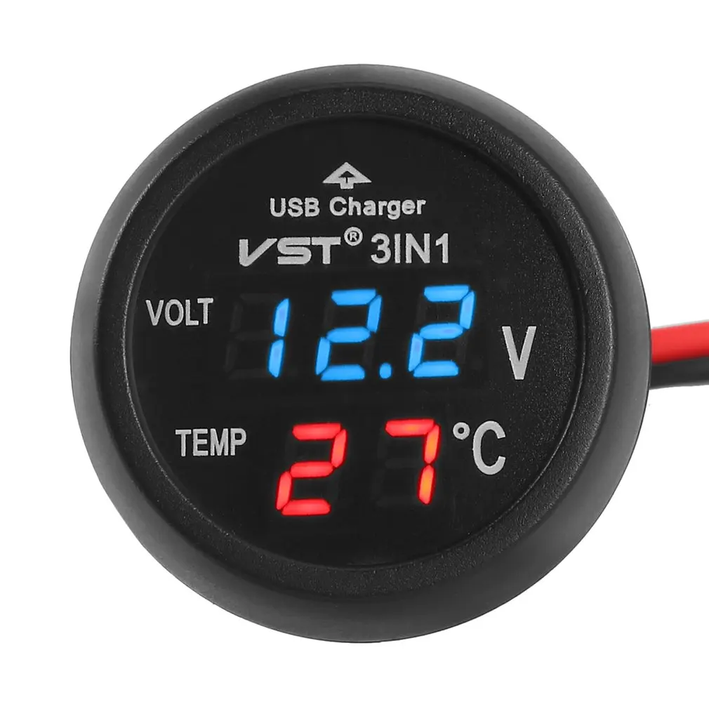 3 In1 12/24V Car Digital Thermometer Universal Volt Meter Auto LED Digital Dual Display Voltmeter Gauge Thermometer USB Charger