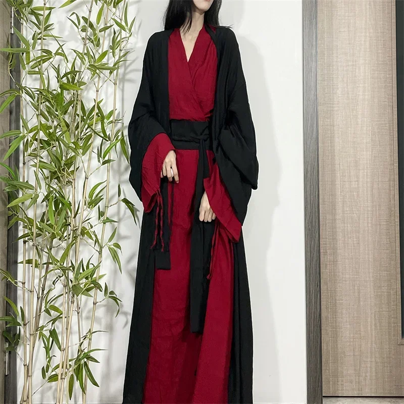 

Han Element Kimono Big Sleeve Robe Women Men Unisex Clothing Red Black Hanfu Chinese Traditional Dress Stage Dance Performance