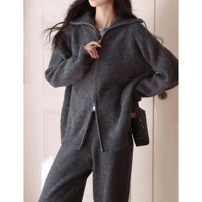 French Lapel Zipper Lazy Suit for Women's Autumn and Winter New Knitted Cardigan Wide-leg Pants Fashion Comfort Sweater Set Tide