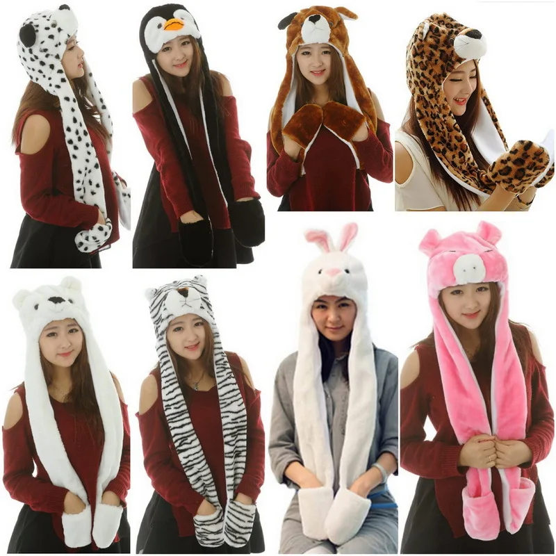 Women Girls Cute Animal Winter Hats 3 in 1 Warm Plush Hoodie Cap Paw Gloves Mitten Scarf Warm Hat 3in1 Set