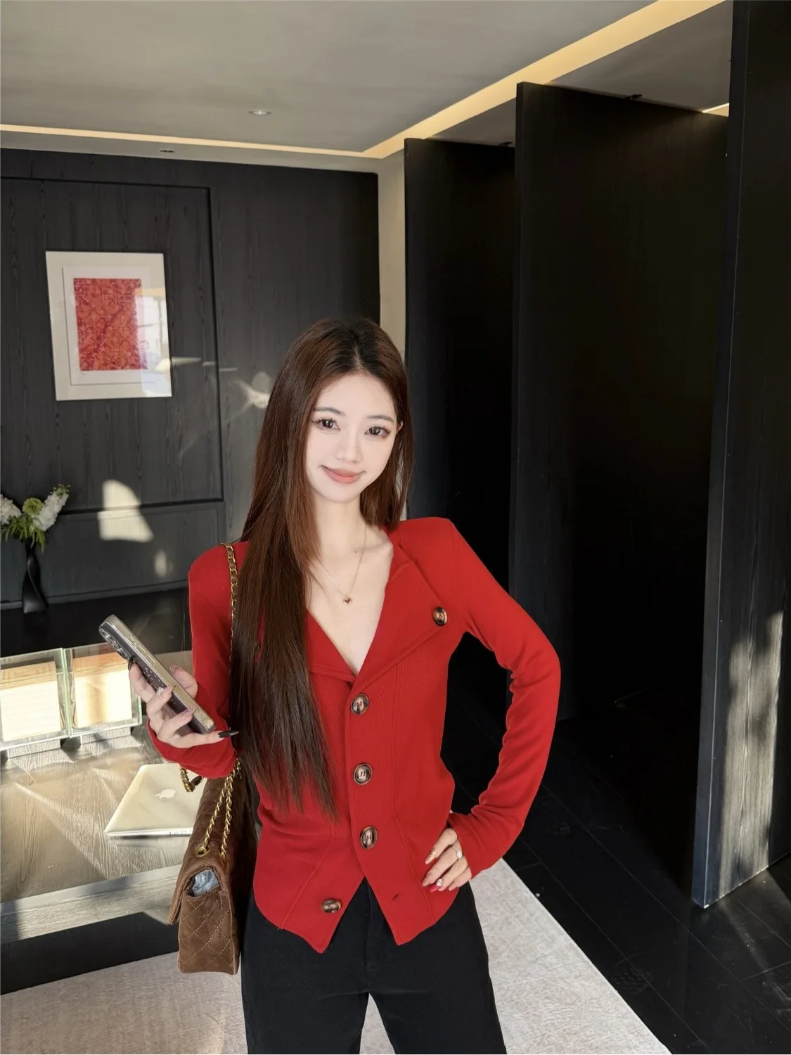 

Slim Fit V-Ne Knitted Cardigan Women's Spring Faion Long Sve Button up Casual Sle Korean Version Color Coat
