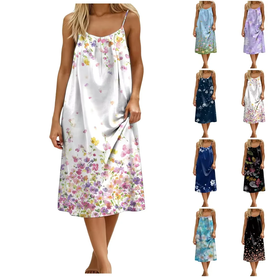 

Women'S Casual Sling Dress Pocket Tank Dress Flowers Graphic Dress U Neck Holiday Beach Loose Vest Dress Women Vestidos Mujer
