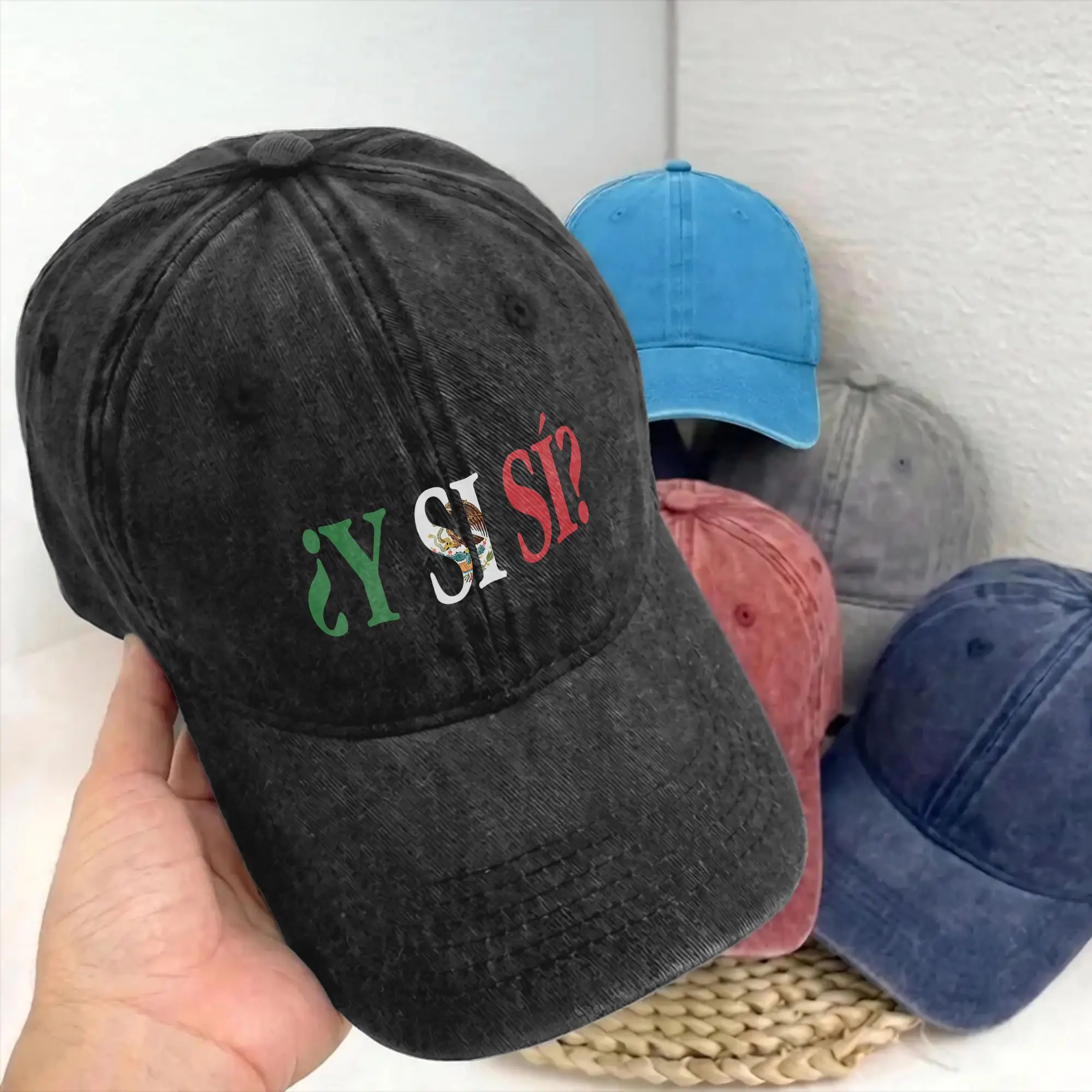 Casquette de baseball Y Si Si avec citation espagnole optimiste, en jean vieilli délavé, motif drapeau mexicain, réglable