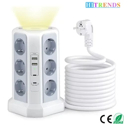 Eu plug tower power strip 12 AC power outlets 2 USB A and 2 USB C ports with night light 1.8m extension cable White Black
