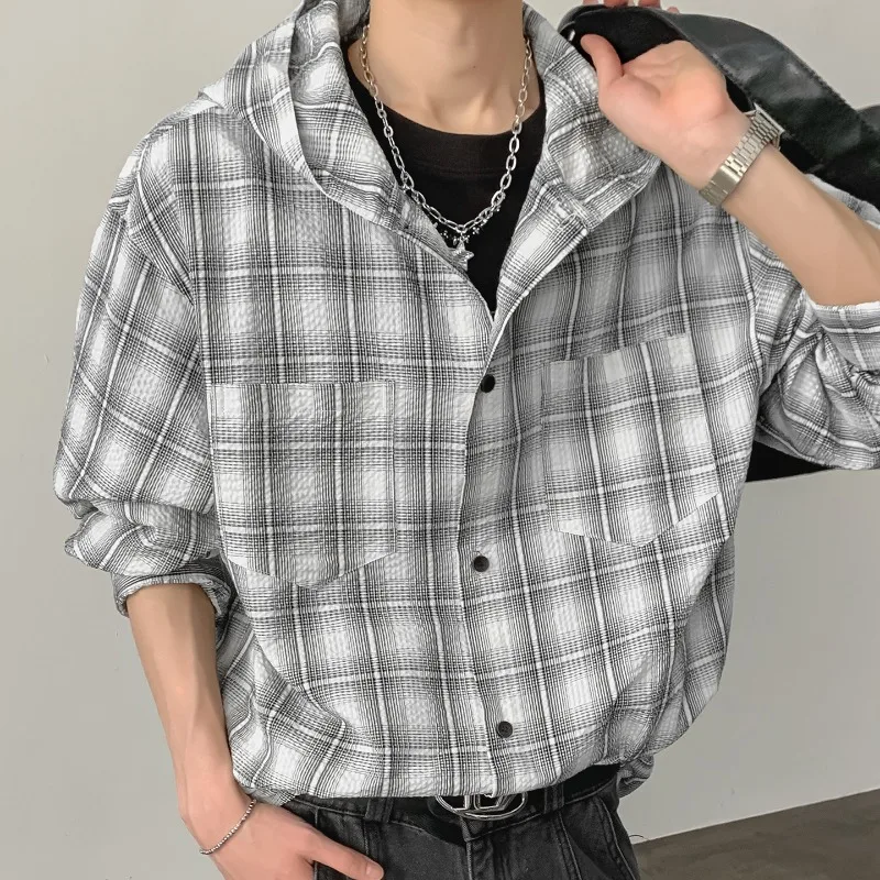 Men's Plaid Hooded Shirt Oversized Casual Button Down Long Sleeve Black White Checkered Streetwear Shacket Top