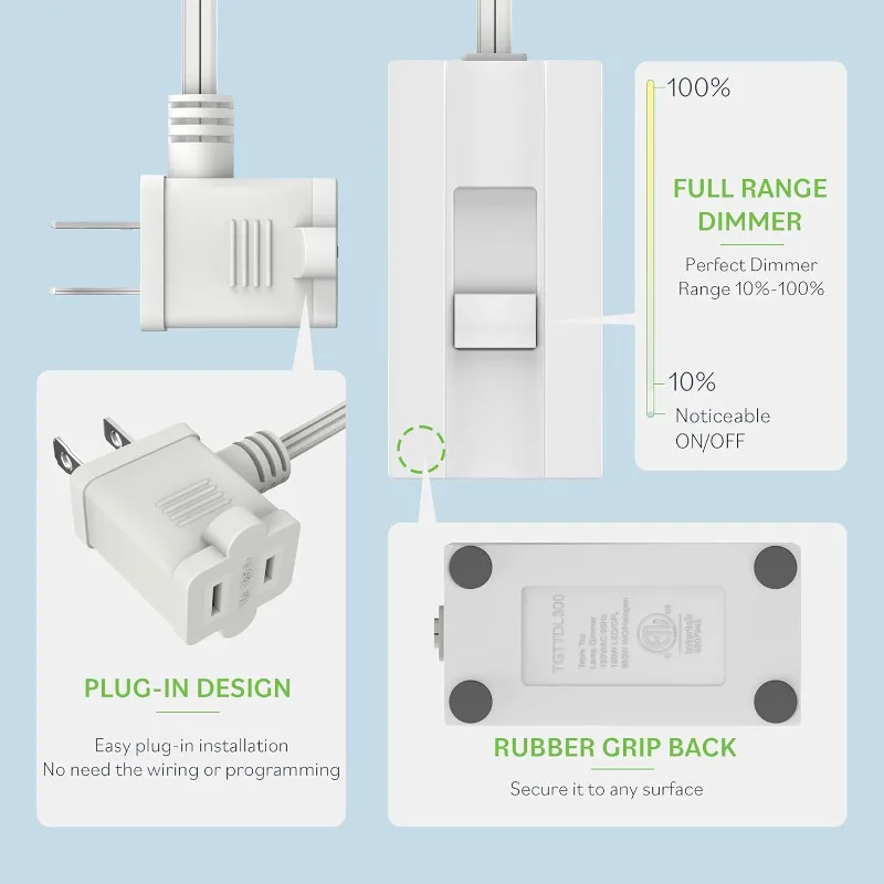 TOPGREENER Table-Top Plug in Dimmer for Table or Floor Lamps, Slide Control, Works with 360 Watt Incandescent and 150 Watt Dimma