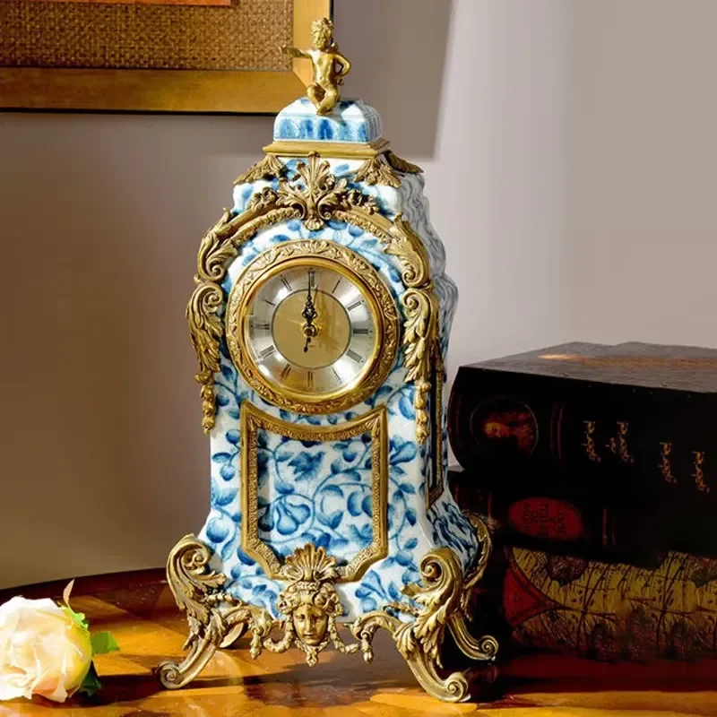 New design home decoration 225 * 140 * 460 retro copper + celadon ceramic brass metal table clock