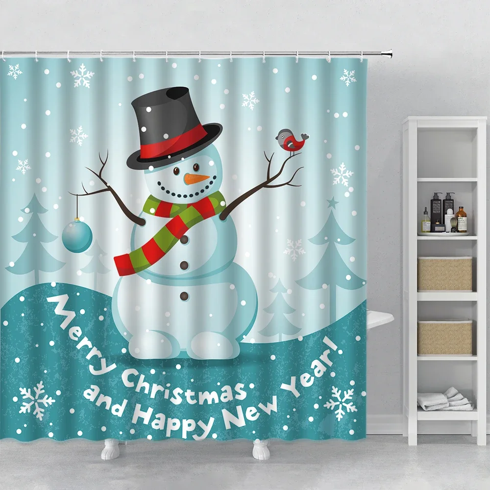 Happy Snowman Christmas Shower Curtain Snowflake Santa Claus New Year Gift Bathroom Waterproof Bath Curtain Home Decor With Hook