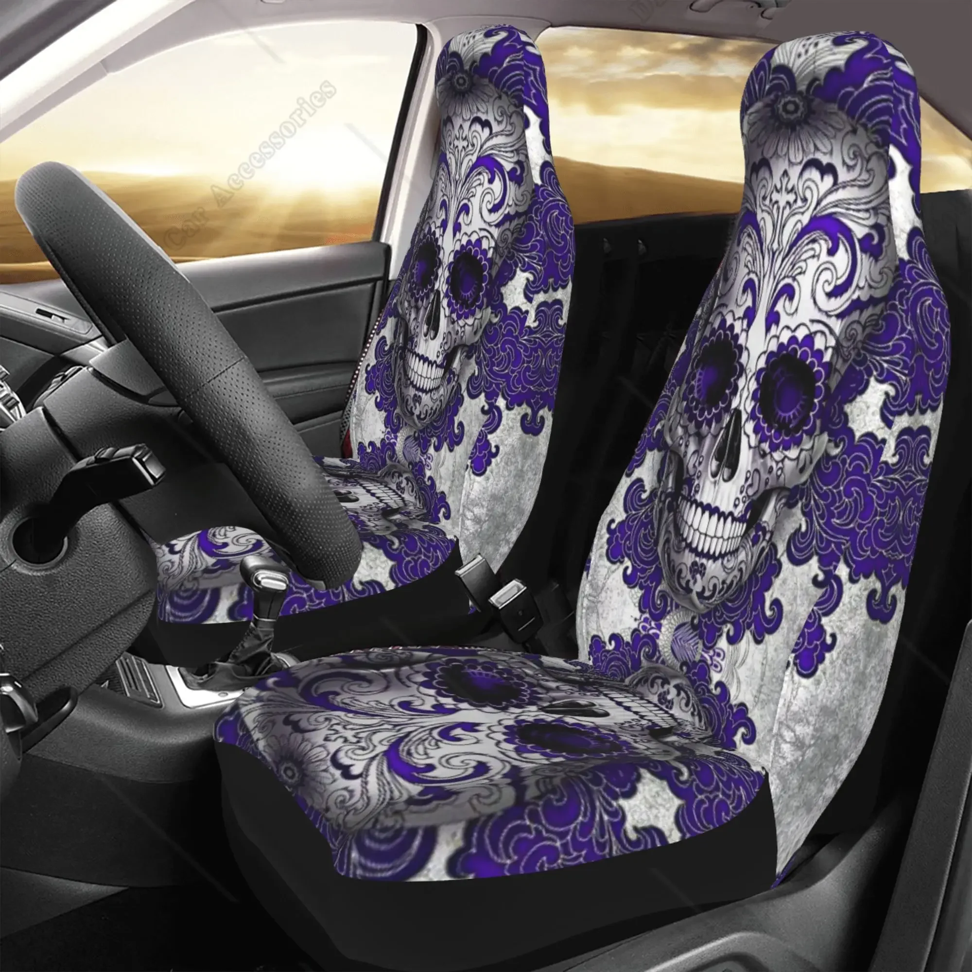 Skull Front Seat Covers Bohemia Design Car Interior Protector Set of 2 Universal Fit for Vehicle Sedan and SUV