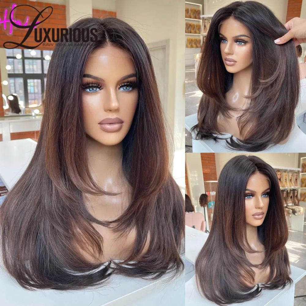 Ombre Brown Color 13x4 Lace Front Layered Wig Remy Brazilian Human Hair Pre Cut Straight Natural Black Frontal Wigs Pre Plucked