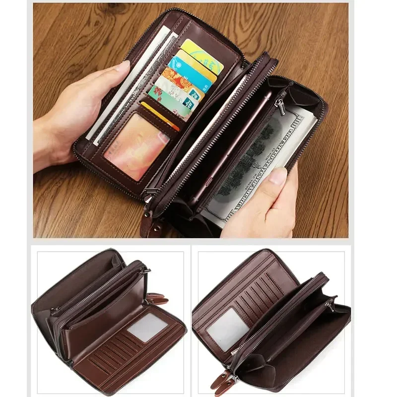 Men Long Wallet Men Double Zipper Coin Pocket Male Wallet Purse Casual Business Card Holder Vintage Large Wallet Male Clutch Bag