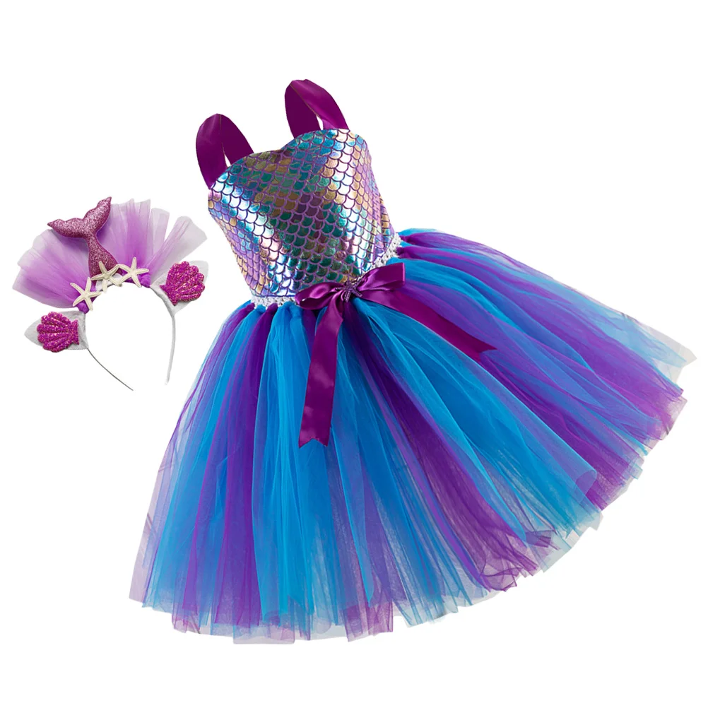 Wedding Guest Dress Girls Kids Costume with Headband Mermaid Children Skirt Birthday Party