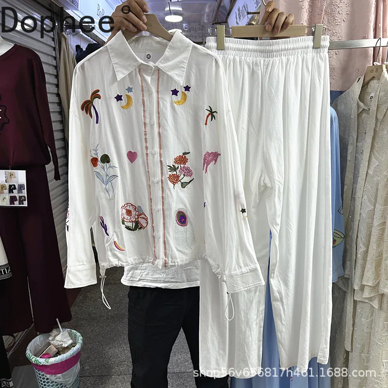 

Embroidery Floral Cotton-linen Sets Women Single-breasted Loose Long Sleeve White Cardigans Shirt + Elastic Waist Casual Pants