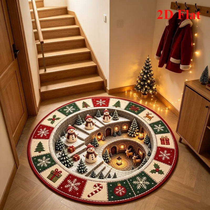 3D Snowman Village Staircase Round Rug Stone Bridge Cabin Scene Festive Decor