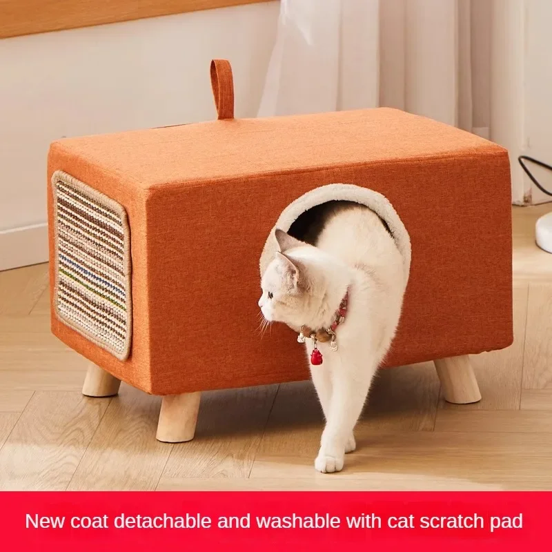 Wooden Cat Furniture Cat House Bed Stool Enclosed Cat House Warm Pet Accessories Pet Accessories Mat