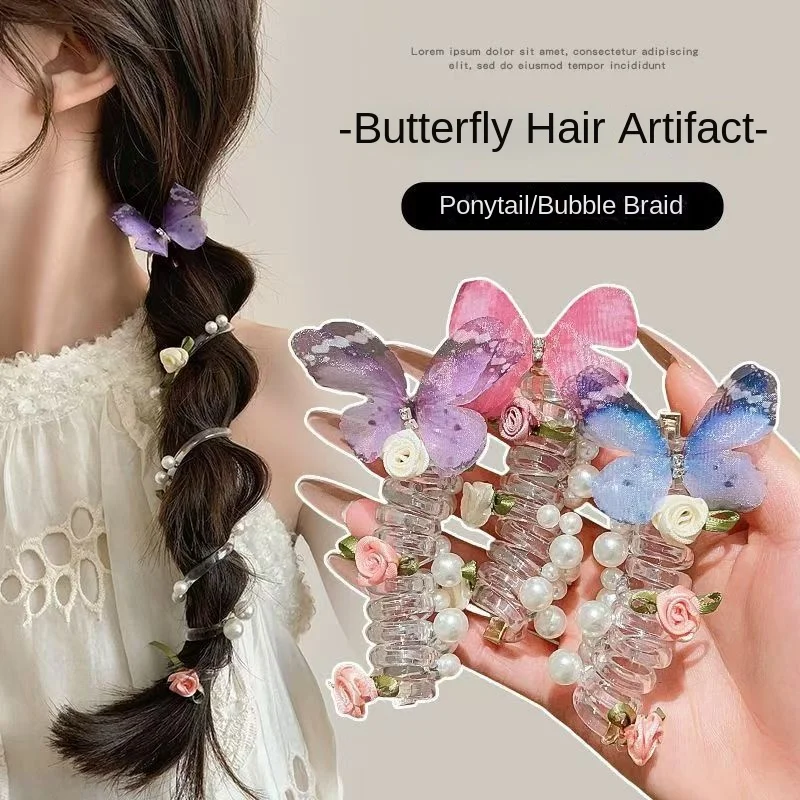 

Butterfly Rose Beads Telephone Line Hair Rope Children Sweet Cute Ponytail Bubble Braid Braid Rope Girl Hair Accessories