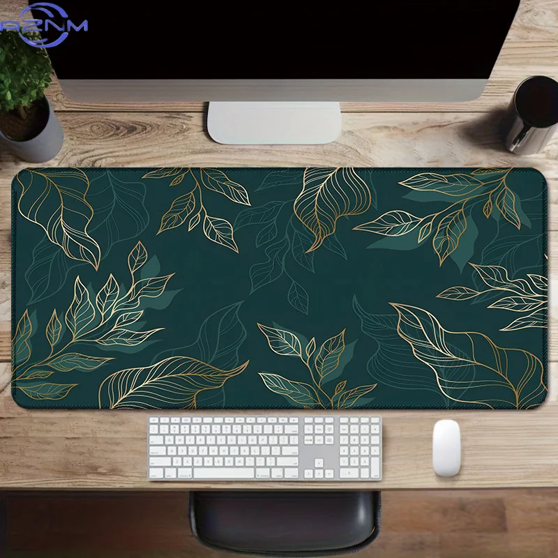 Extra-Large Golden Leaves Aesthetic Green Desk Pad - cm Non-Slip Rubber Base Mouse Pad with Stitched Edges, Smooth Surface for H