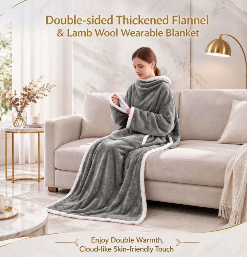 Reversible Flannel TV Blanket Soft Warm Cozy Home Multifunctional Wearable Blanket with Pocket Winter Warm Shawl for Bed Sofa
