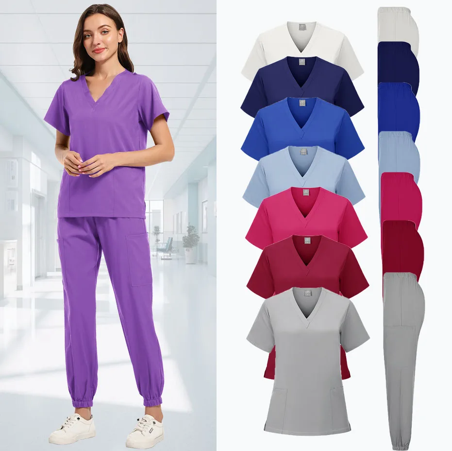 

Wholesale Polychrome Scrubs Set Nurse Dental Surgery Suit Operating Room Medical Uniform Scrubs Work Wear V-neck Nursing Suits