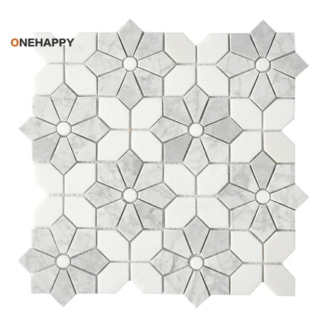 

Mosaic Marble Tile for Kitchen and BathroomFlower Shape Design White Mixed Bianco WhiteBack Splash Bathroom Wall Home