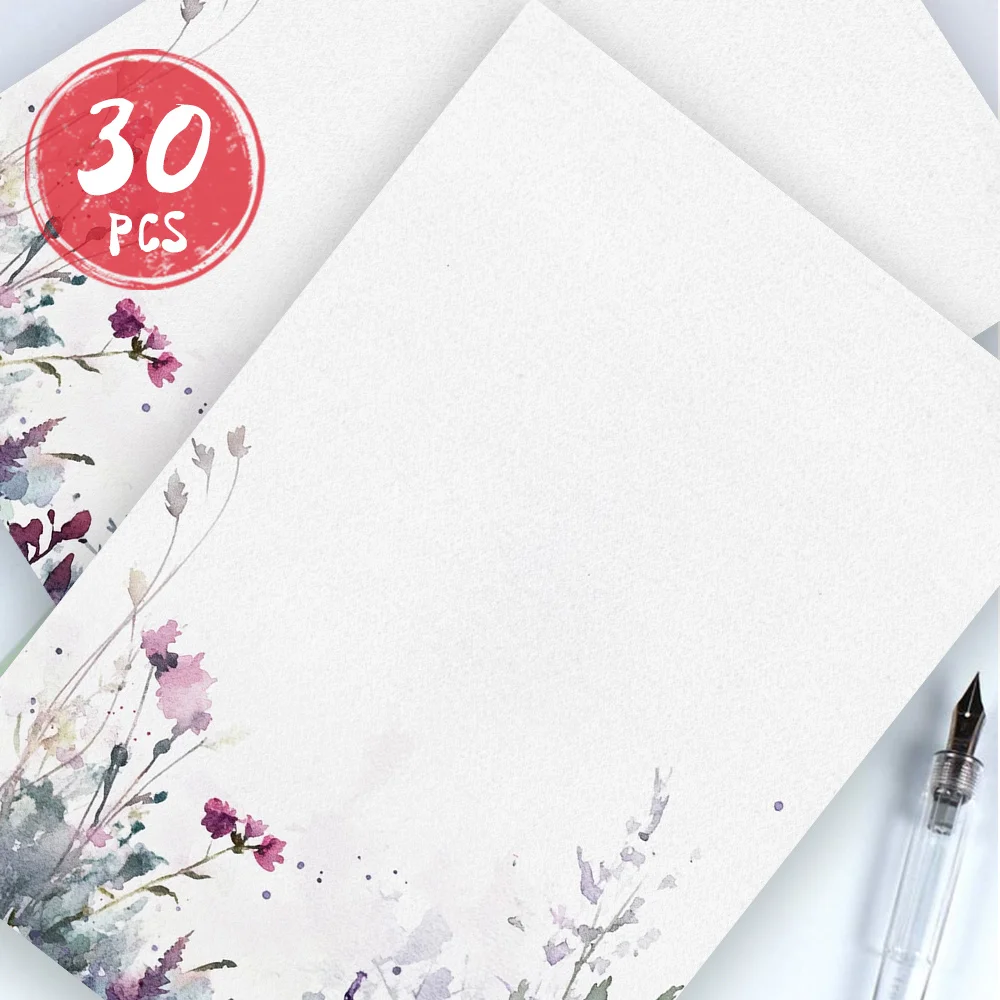30 Sheets, B5 Watercolor Purple Wildflower Theme Writing Paper, Lined, No Glue, Very Suitable For Notebooks, Memos, And Stickers