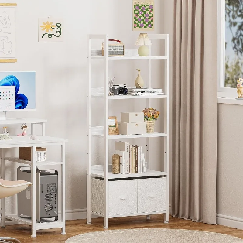 5 Tier Bookshelf with Drawers, White Tall Bookcase with Shelves, Wood and Metal Book Shelf Storage Organizer