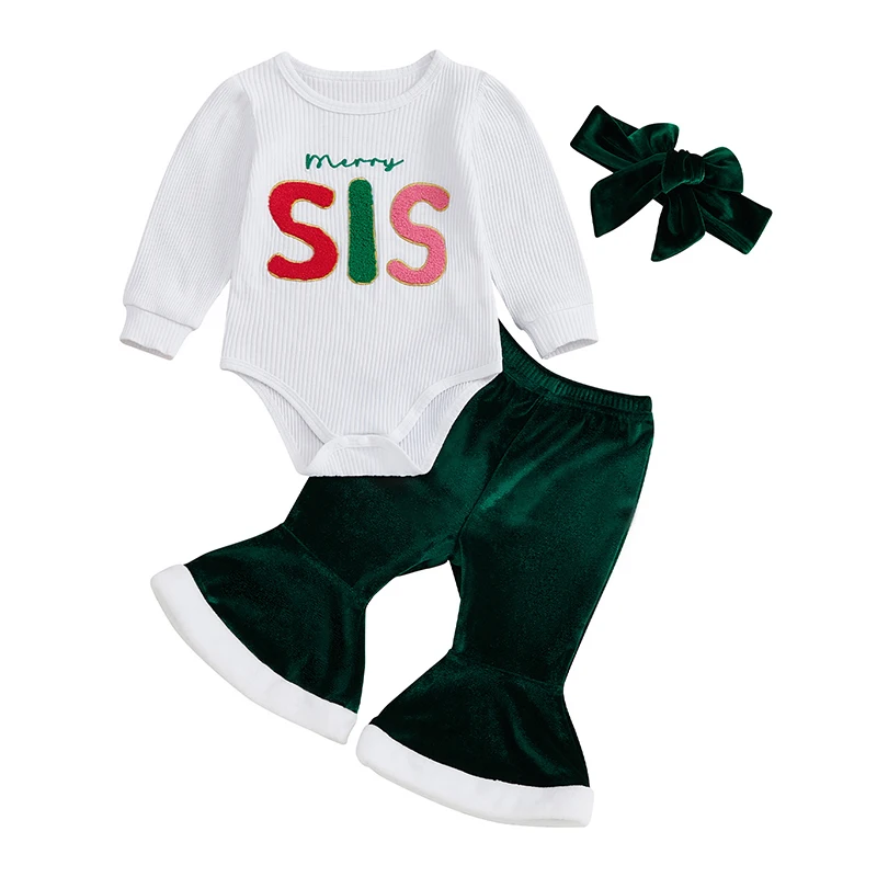 Infant Baby Girl Christmas Outfits Cute Long Sleeve Romper and Velvet Flare Pants Headband 3PCS Sets Newborn Clothes