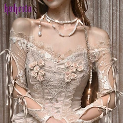 Elegant Women Transparent Lace Hollow Out Bandage Sexy Crop Tops Off Shoulder Long Sleeve See Through Short Cardigan T Shirt