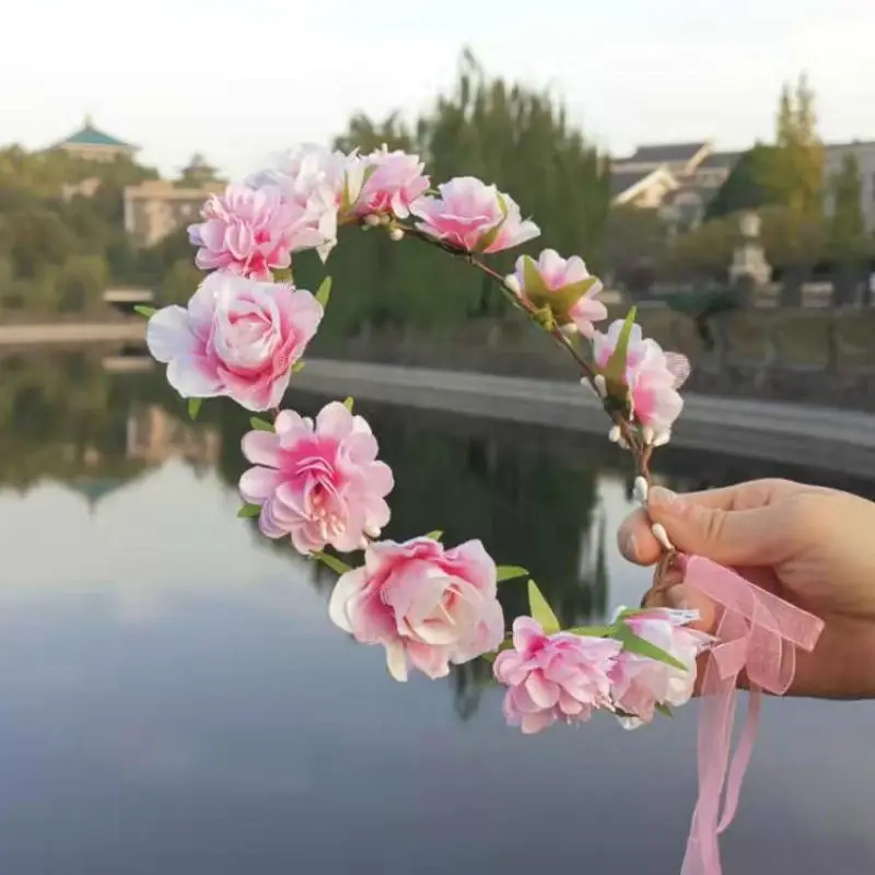 Fashion Bohemia Garland Rose Flower Crown Women Headbands with Adjustable Ribbon Girls Floral Wreath Bridal Halo Headpiece