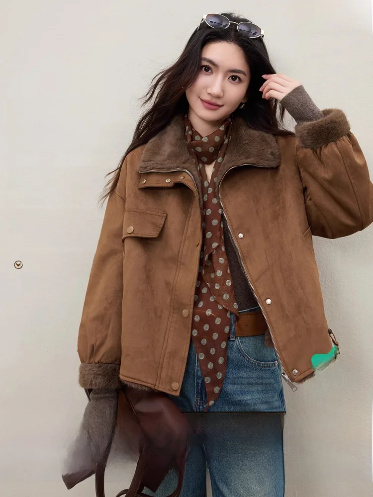 Jaqueta Feminina Retrô Dupla Face de Camurça, Casaco de Inverno Quente com Forro de Couro e Pelo, Estilo Simples, Manga Longa, Caimento Solto