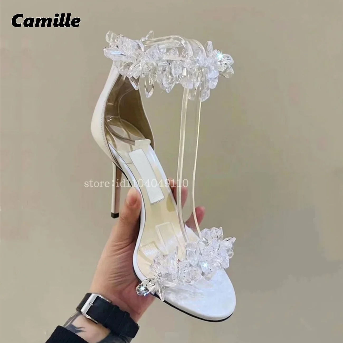 

Sheepskin One Word Belt Ankle Strap Rhinestones Sandals All-Match Casual Size 34-39 Sexy High Heels Luxury Party/Wedding Shoes