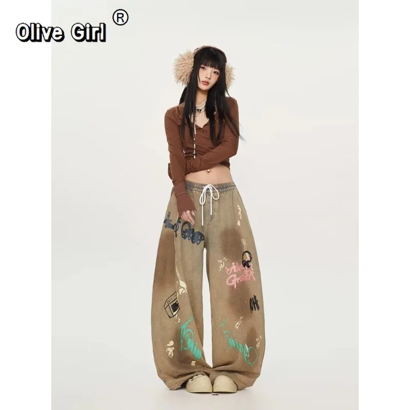Olivegirl 힙합 데님 청바지 아메리칸 레트로 하이 스트리트 댄스 팬츠 그래피티 빈티지 바지 재즈 걸스 캐주얼 바지 트렌디