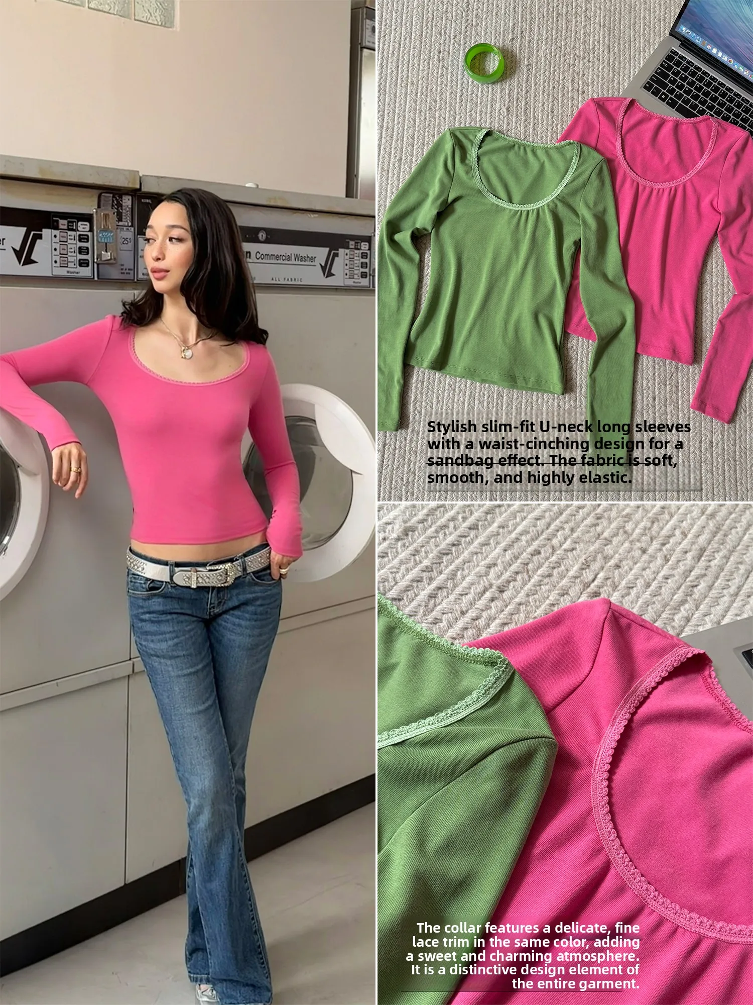 Audwyn Slim Fit Long Sleeve T-Shirt Women's Elastic Neckline Pure Desirable Street Style Base Layer White Match Upper Body