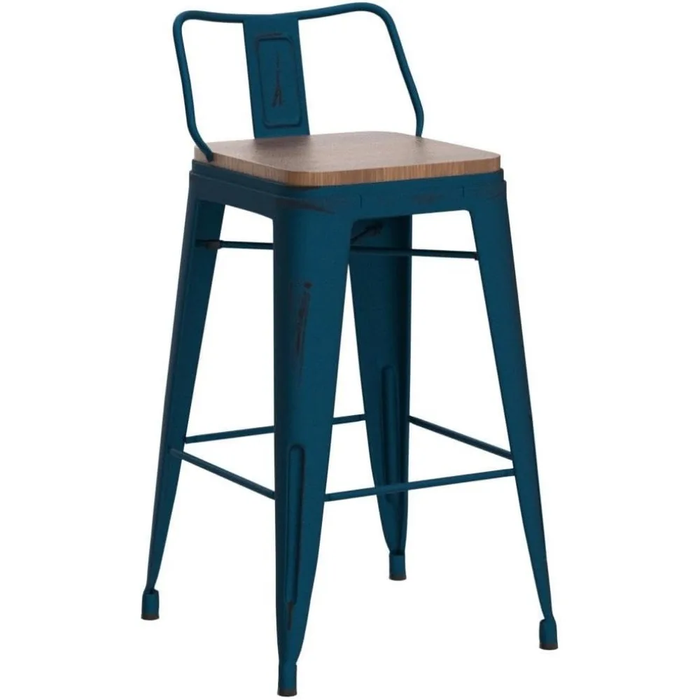 Bar Stools Set of 4 Counter Height Stools Industrial Metal Sturdy Barstools with Wooden Seats(24 Inch, Distressed Navy)