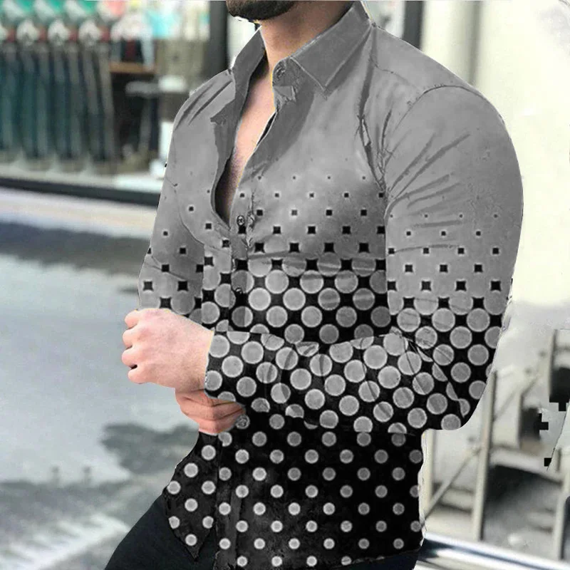 2024 Spring Men\'s Casual Long Sleeve Shirt Single Breasted Digital 3D Printed Polka Dot Lapel Shirt 6XL Party Shirt 14 Colors