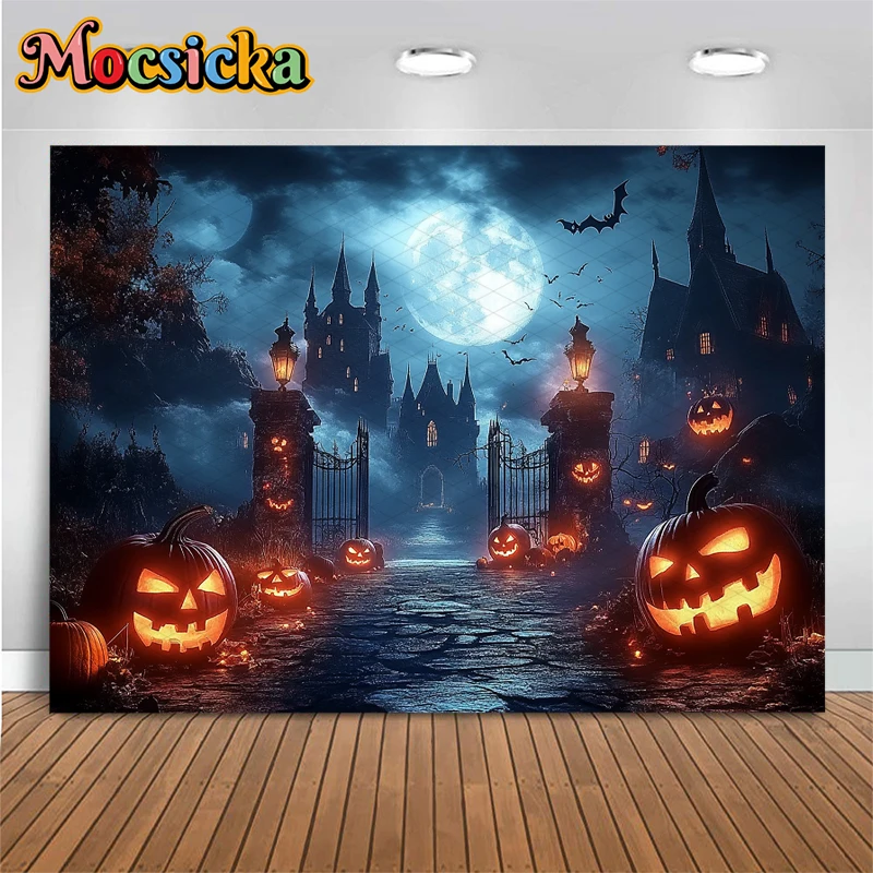 Tło fotograficzne Mocsicka Halloween, z motywem dyni Jack-O-Lantern, zamku, dyni, na imprezę, tło na noc strachu, księżyc, nietoperze, dekoracje, baner.