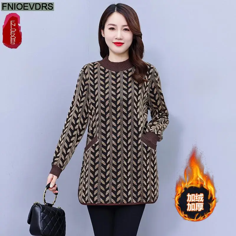 L-5XL Loose Clothes Women Winter Warm Thick Basic Wear Elegant Office Lady Casual Print Retro Vintage Ruffles Velvet Tops Blouse