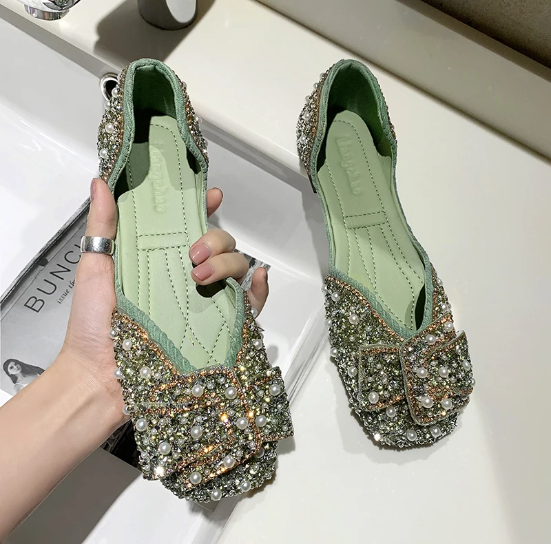 Zapatos planos con diamantes de imitación para mujer, zapatillas femeninas de punta cuadrada con lazo, versión coreana, primavera y verano, 2022