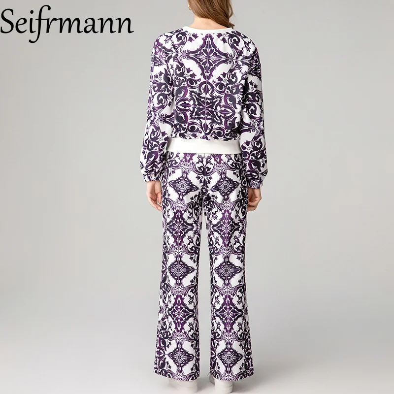 Seifrmann Purple printed round neck long sleeved elastic waisted straight leg pants casual vacation fashionable dress