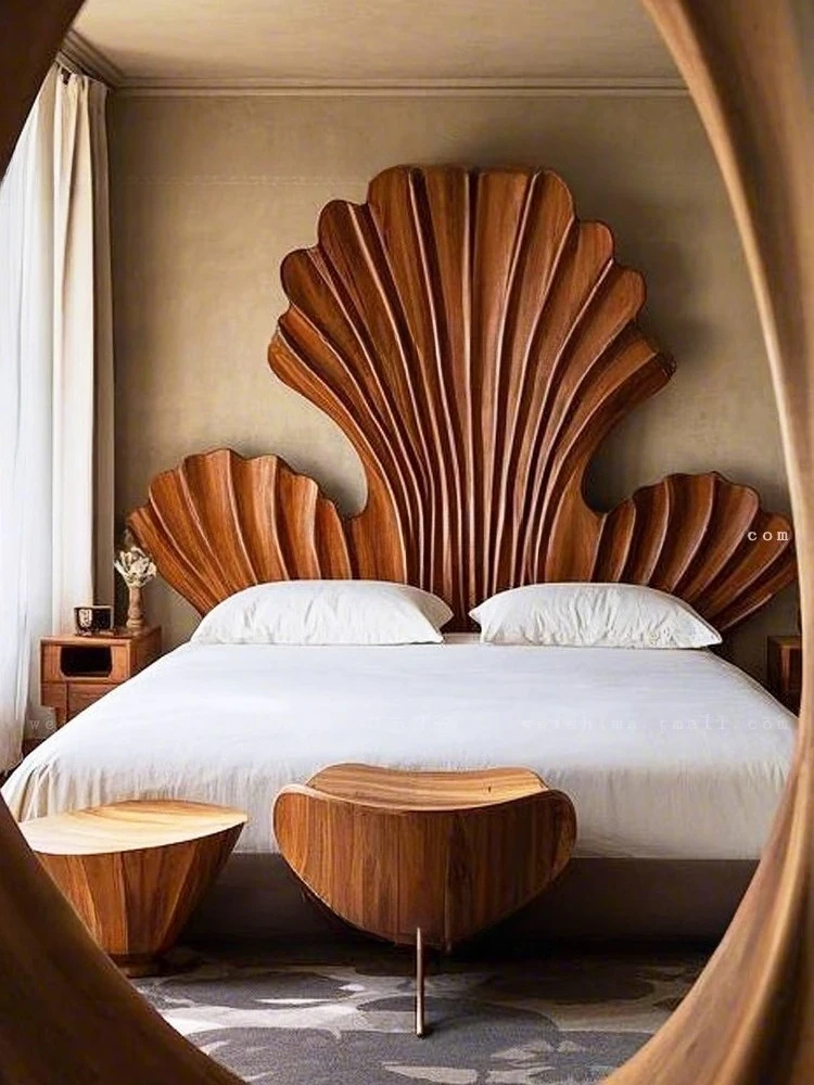 

Villa master bed, medieval double bed, solid wood bed, designer high bedside solid wood bed customization
