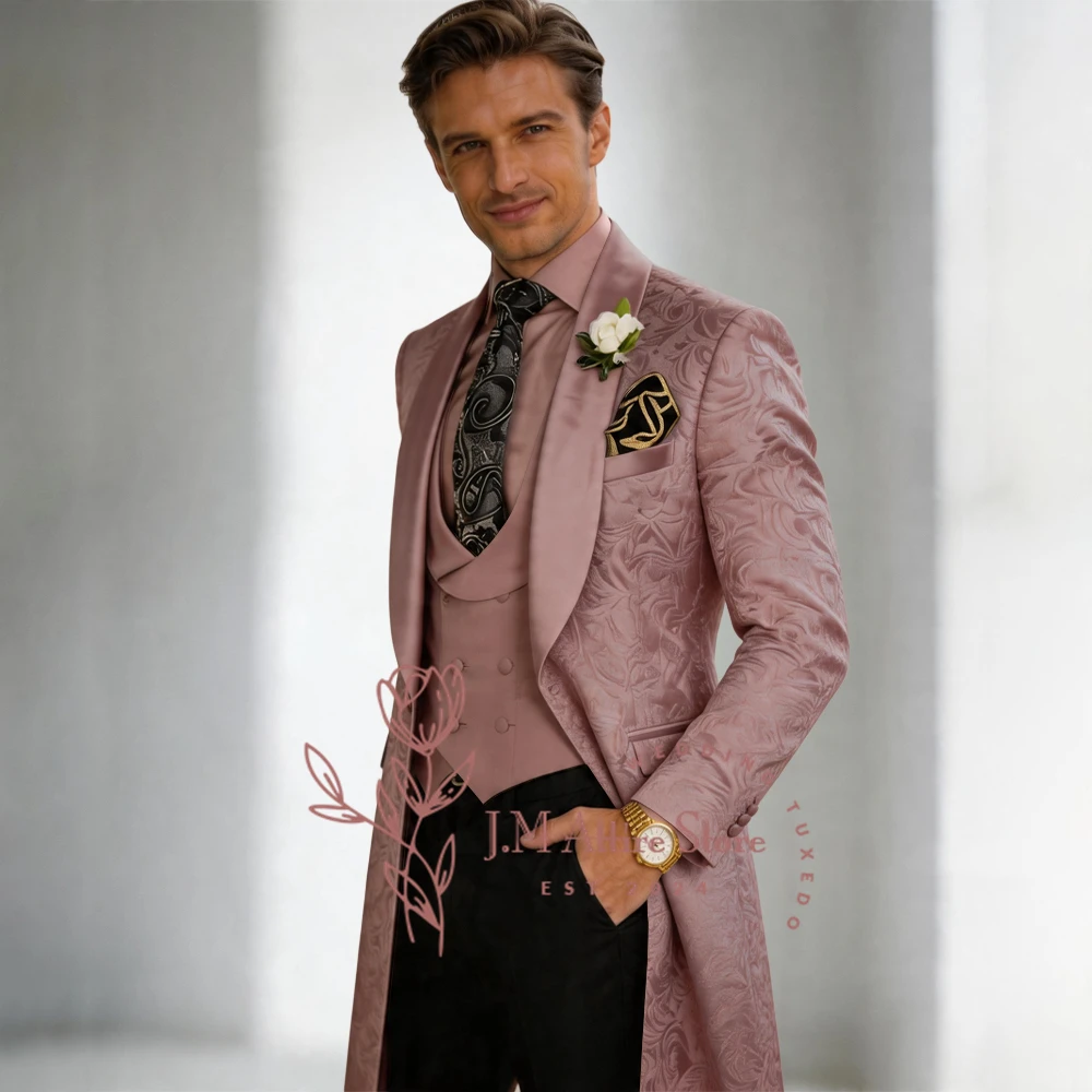 Premium Men's Jacquard Suit 3pcs Set Dusty-pink Long Coat Vest Black Pants for Wedding Grooms Tailored Prom Party Male Clothes