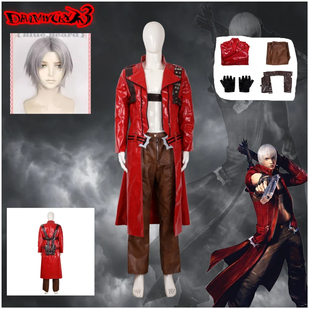 

May Cry 3 Devil Cosplay Costume Set for Adults Dante Men's Red Long Poncho Jacket Game Uniforms Wig for Halloween and Carnival