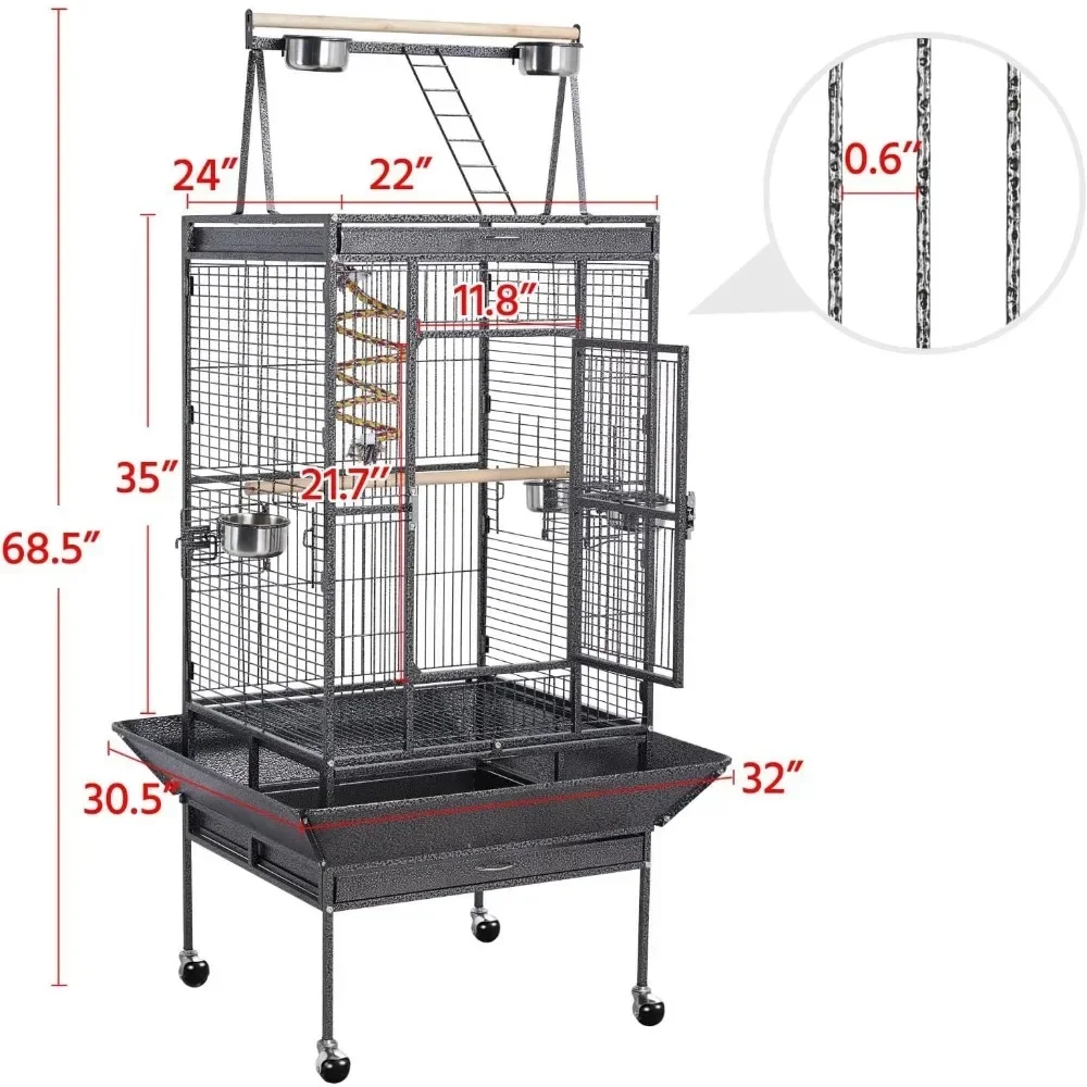 69-inch Wrought Iron Rolling Large Parrot Bird Cage for African Grey Small Quaker Backpack Cages & Accessories Hummingbird Aves