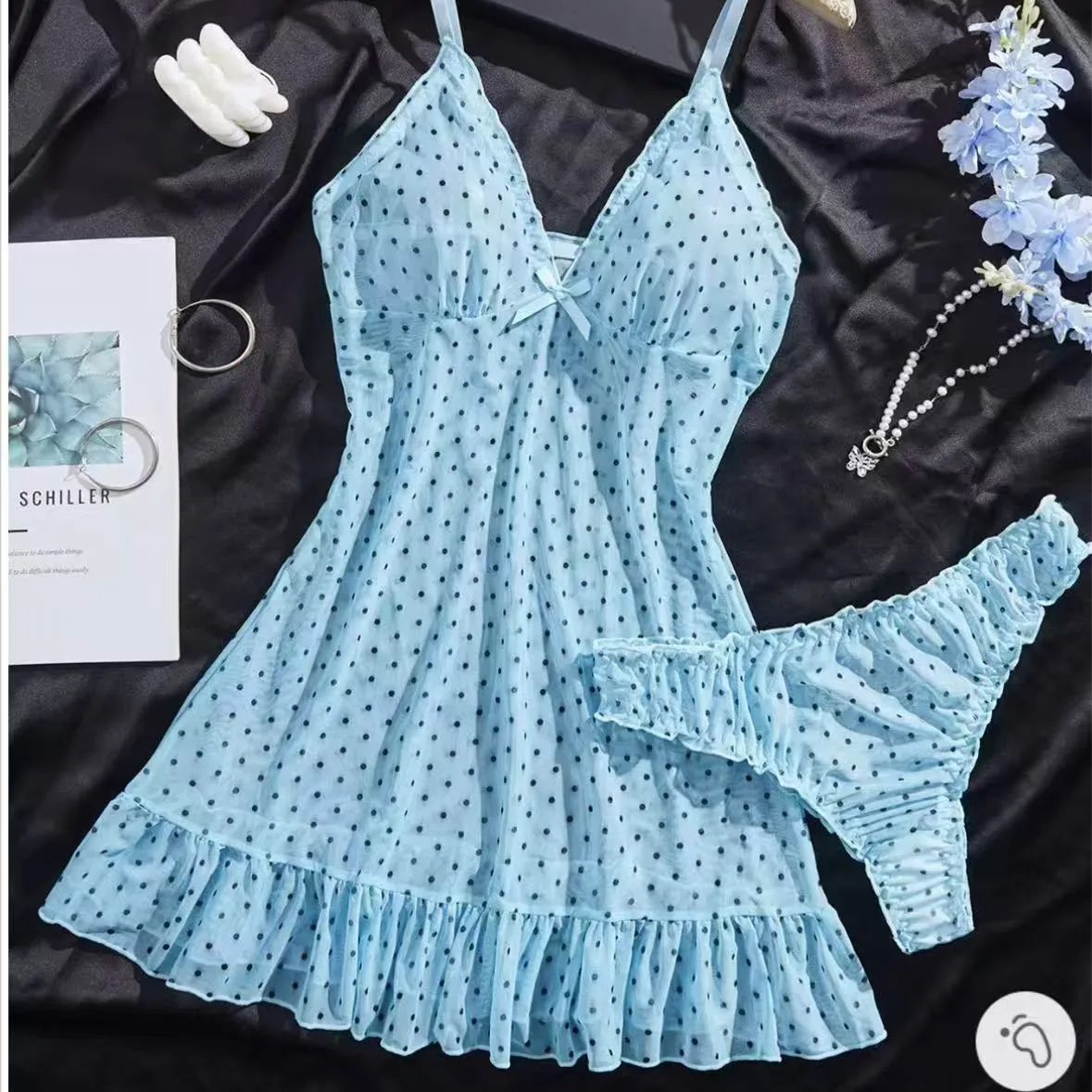 Sexy Damen Rosa Tiefer V-Ausschnitt Gepunktetes Stretch-Mesh Spaghetti-Träger Nachthemd Höschen Zweiteiliges Schlafanzug-Set
