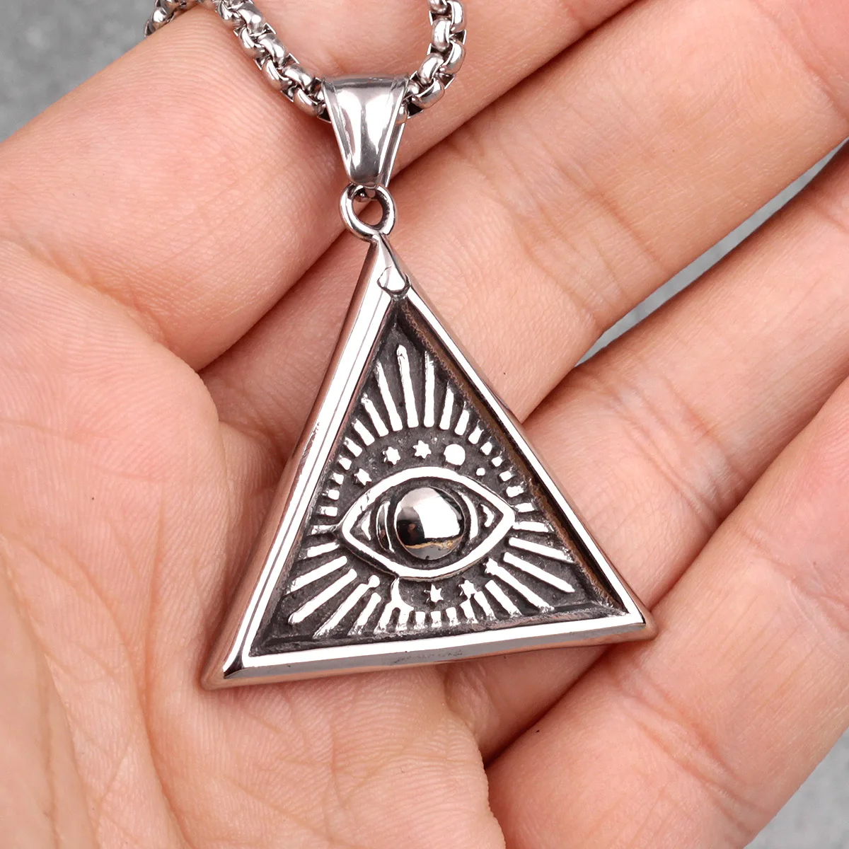 Eye of God Triangle Stainless Steel Men Necklaces Pendant Chain Punk Hiphop for Boyfriend Male Jewelry Creativity Gift Wholesale - Image 2