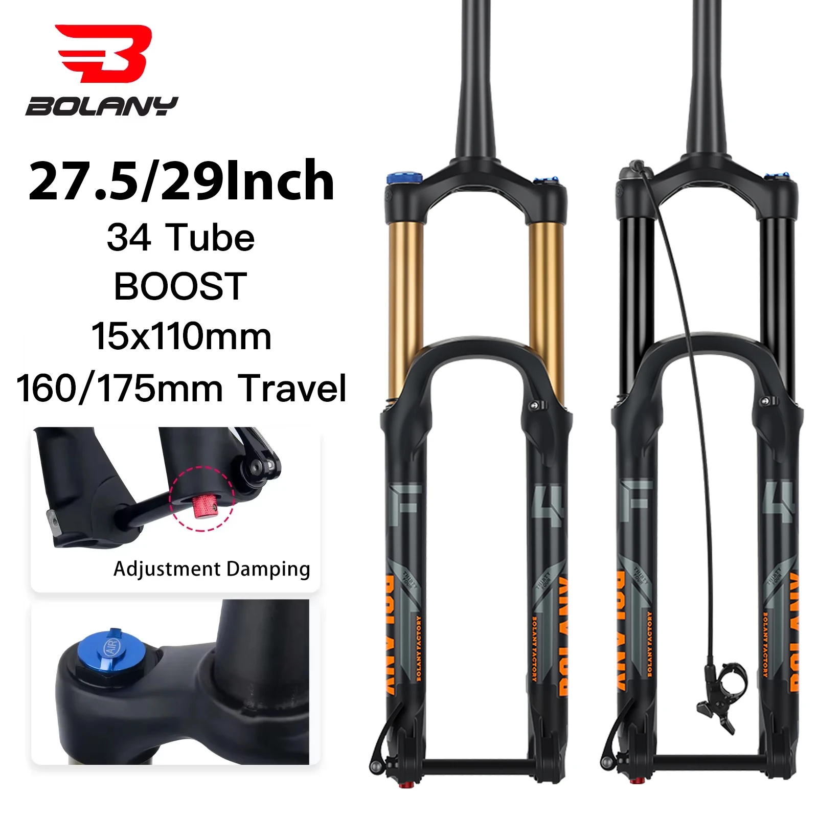 BOLANY 27.5/29inch MTB BOOST Bike Fork 160mm/175mm Travel Thru Axle 15x110mm Rebound Adjustment For DH AM Suspension Fork